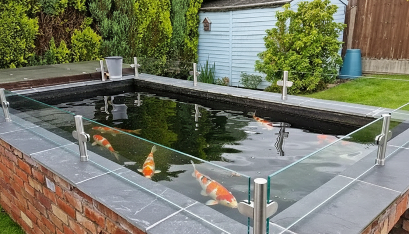 Raised koi pond with stainless steel jump guard installed