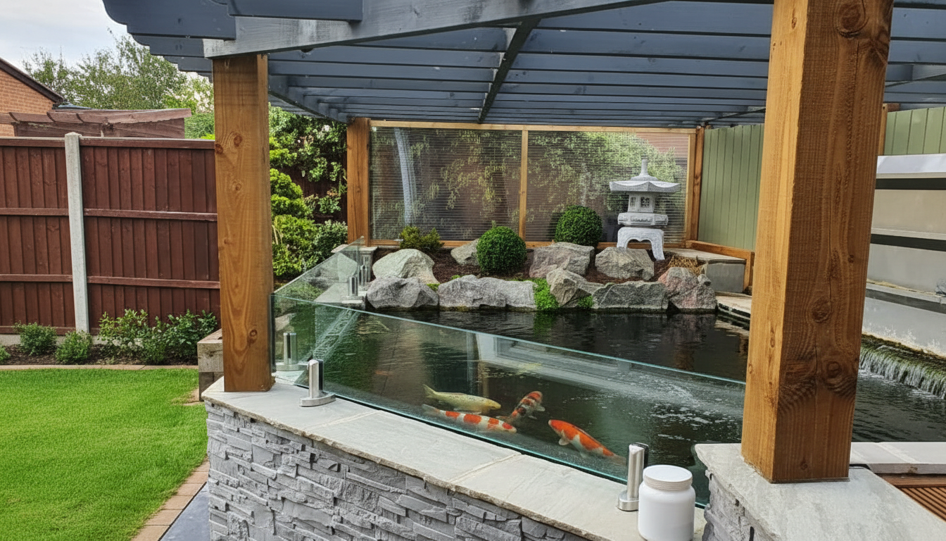 Glass pond guard under a pergola